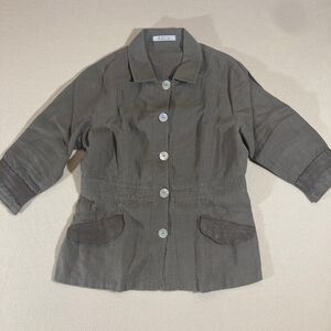 Florence Korn for Ecru Linen Jacket‎ Sz 48 Brown Leather Accents Lagenlook Artsy